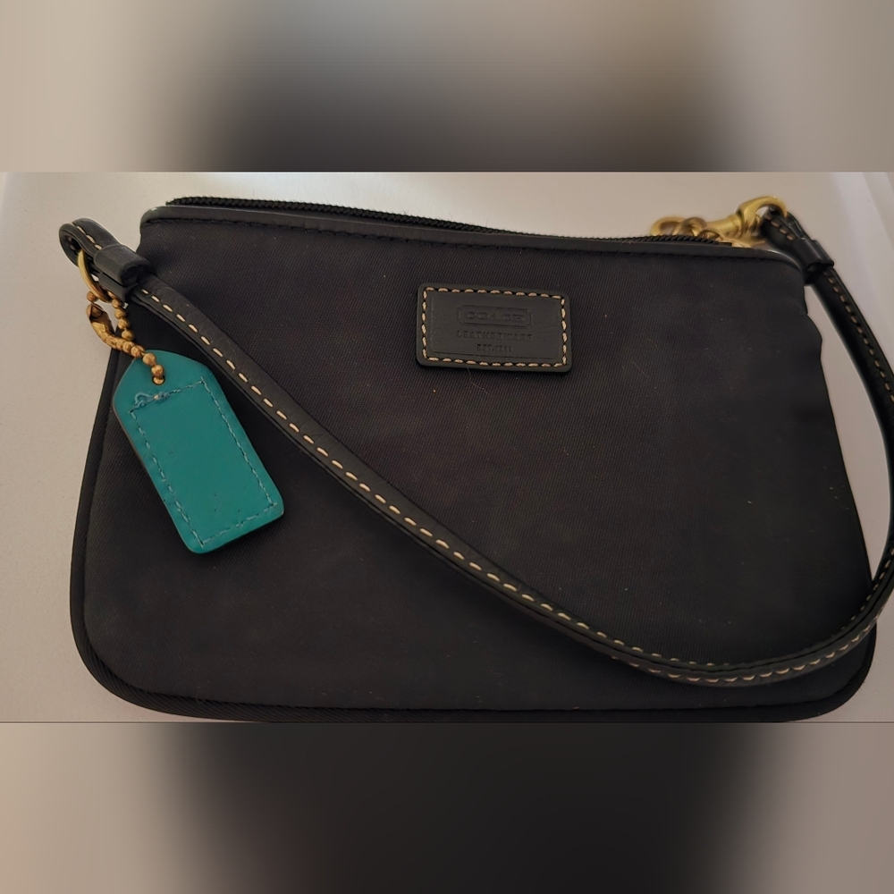 Coach Black Nylon Wristlet with Teal Leather Swing Tag 4"X 6"